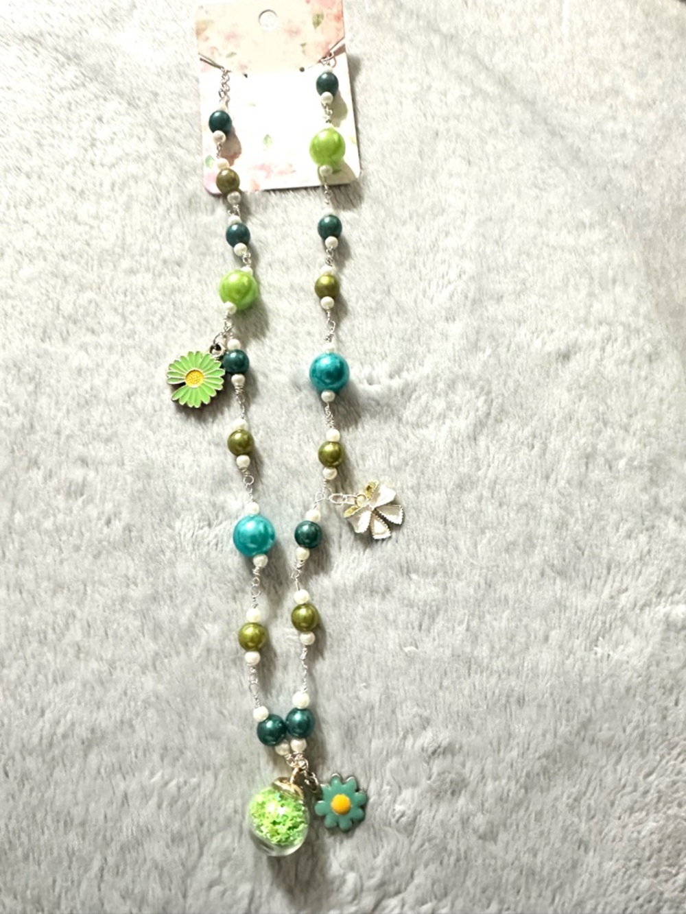 Green & Teal Beaded Flower Charm Necklace - Women Jewelry
